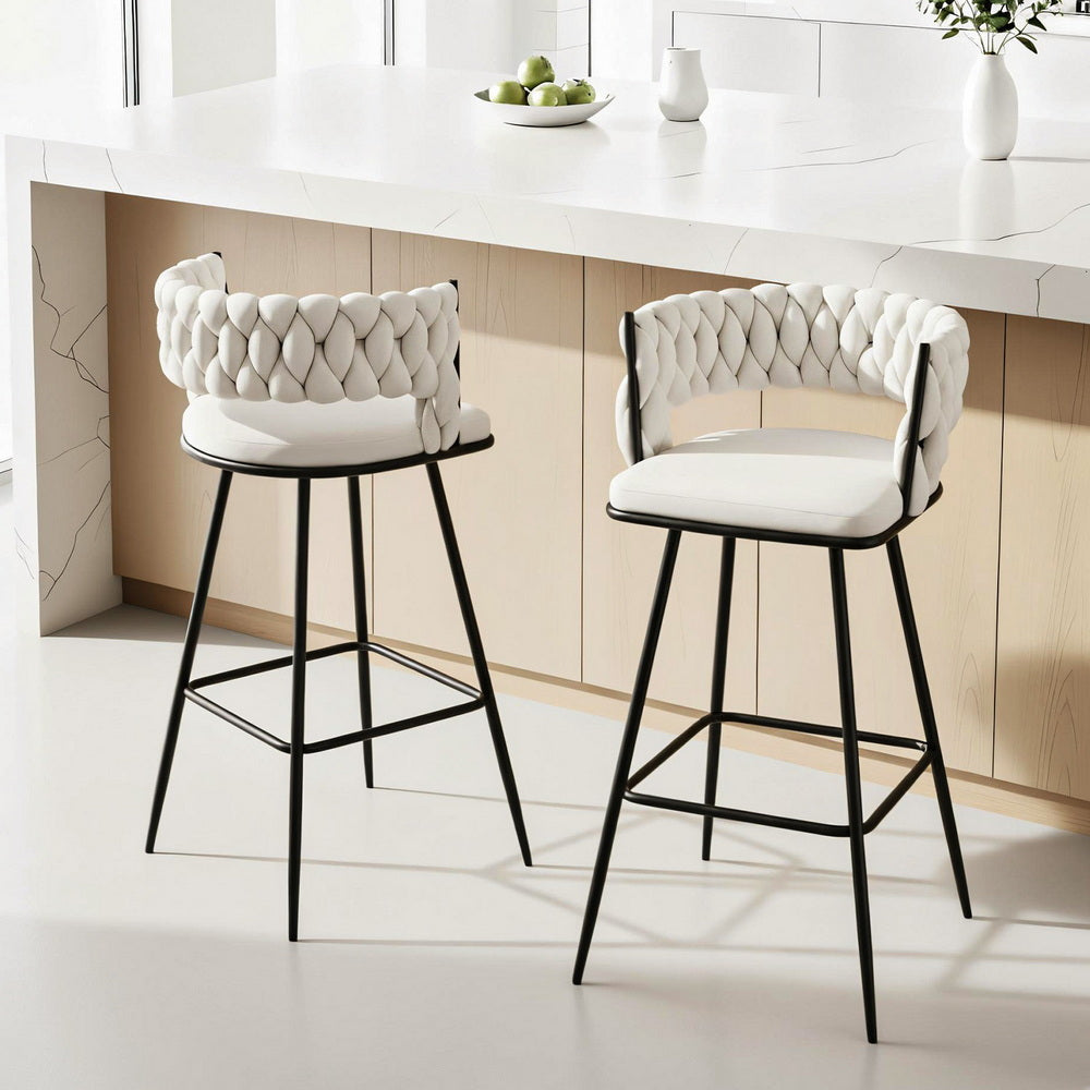 Stool Haven 2x Bar Stools Kitchen Dining Chair Counter Stool Woven Velvet Metal Ivory