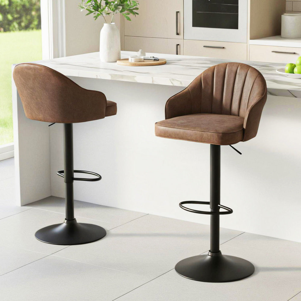 Stool Haven 2x Bar Stools Kitchen Swivel Gas Lift Counter Chair Shell Leather Brown