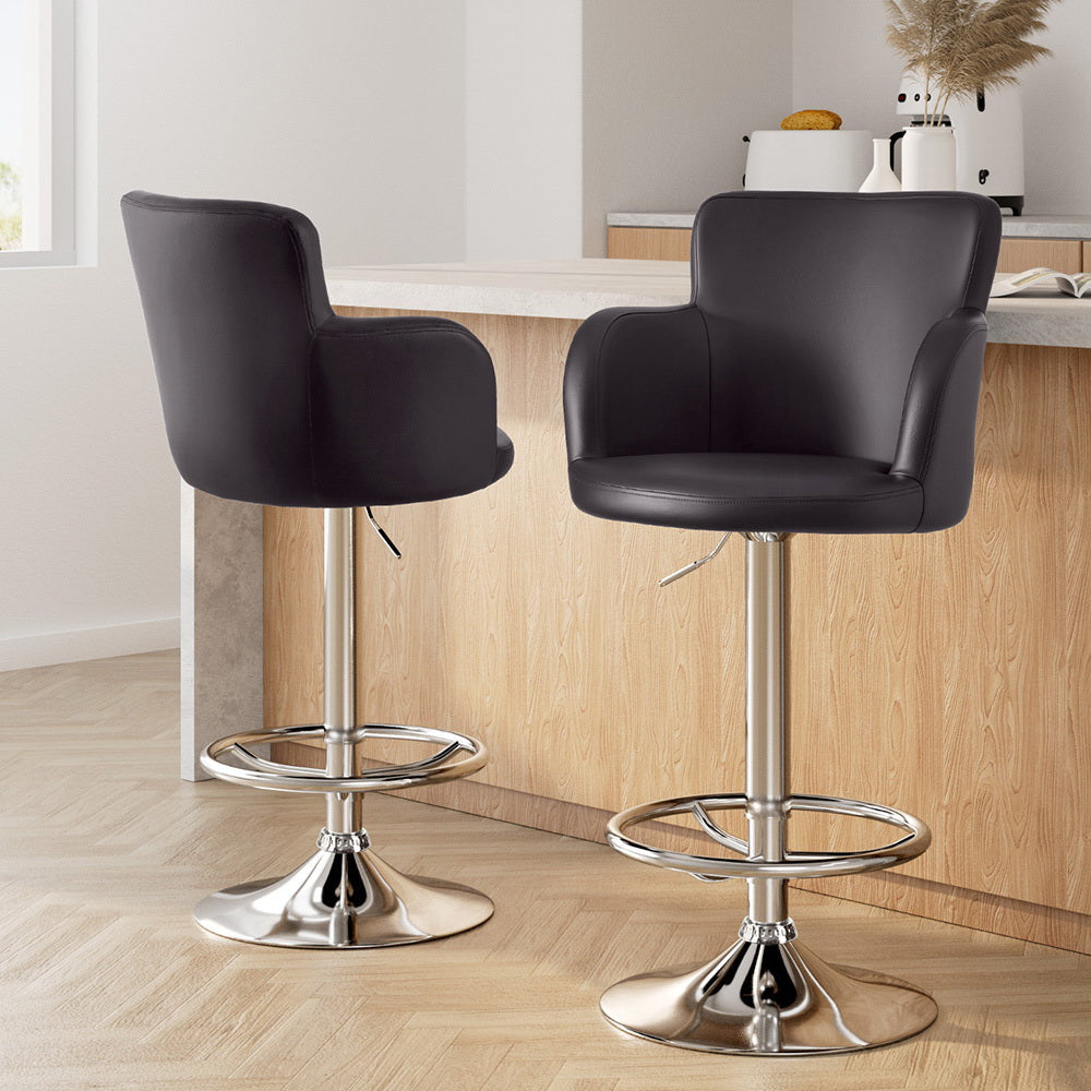 Stool Haven 2x Leather Bar Stools Swivel Adjustable Gas Lift PU Counter Chairs Brown