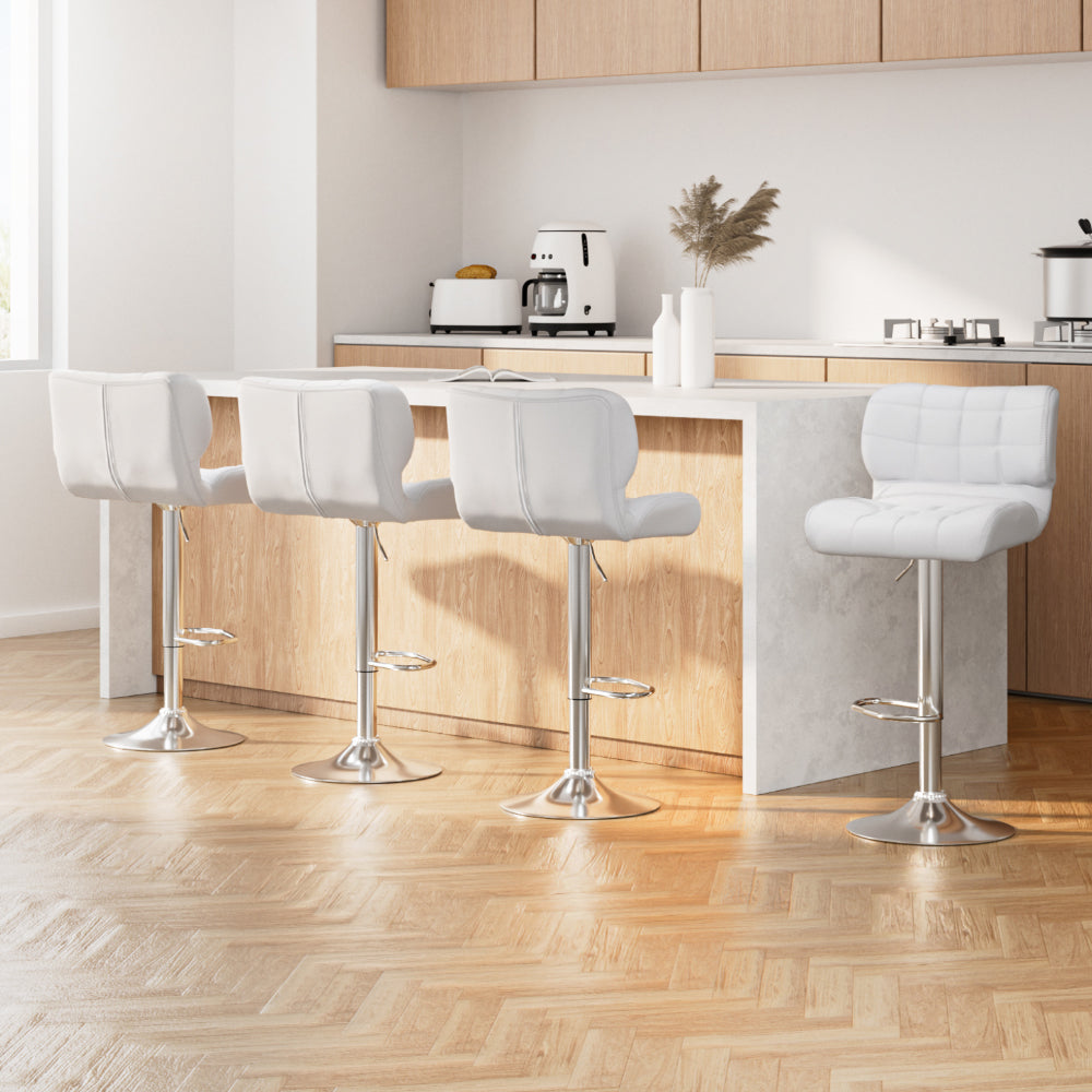 Stool Haven 4x Bar Stools Gas Lift Leather Padded White