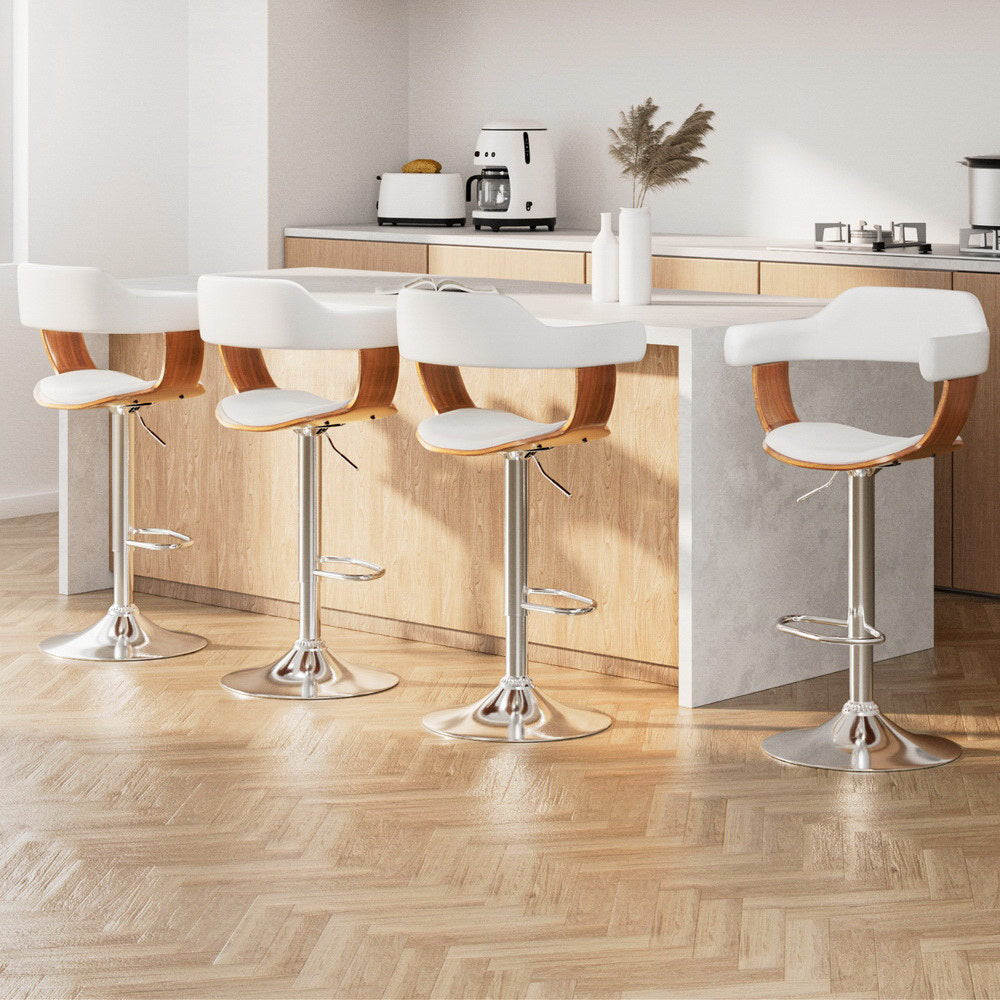 4x Stool Haven Bar Stools Gas Lift Leather with Armrest White