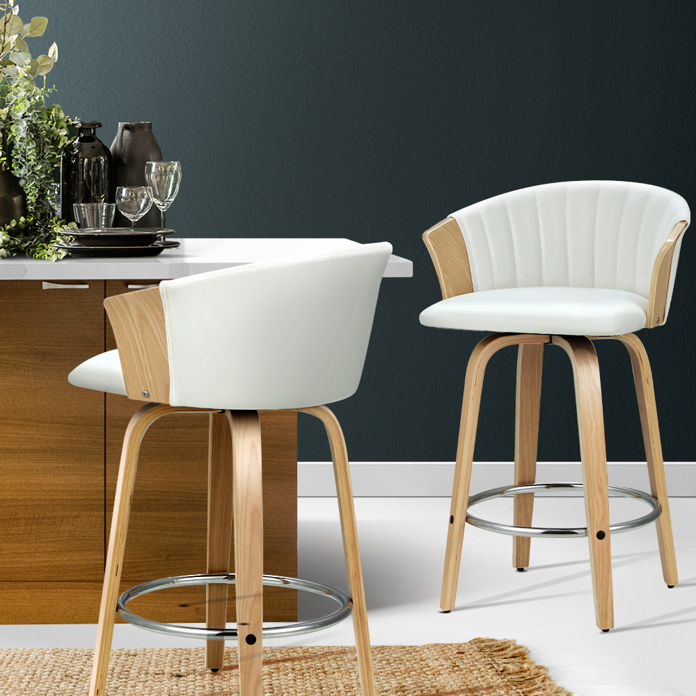 Stool Haven Set of 2 Bar Stools Kitchen Stool Wooden Chair Swivel Chairs Leather White