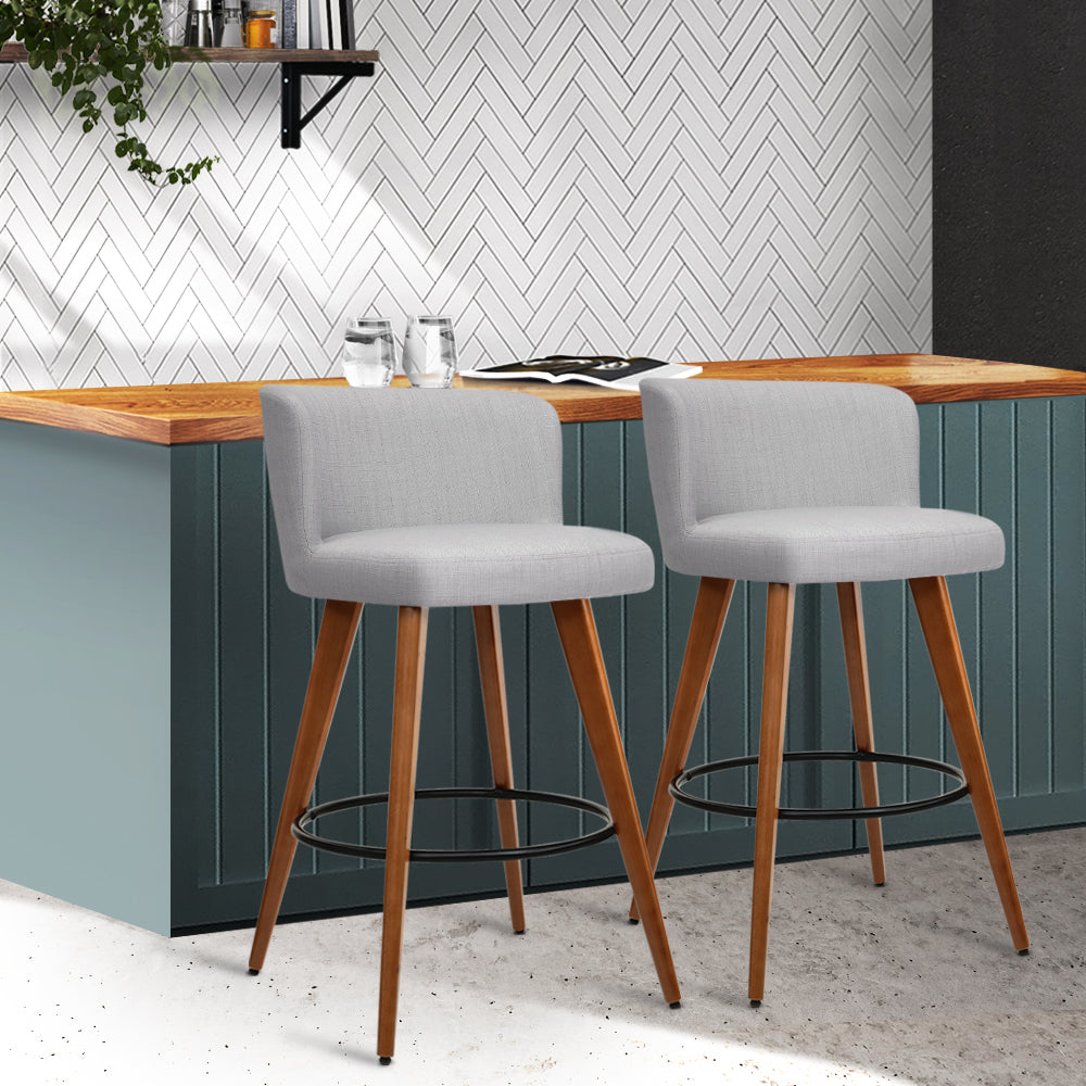 Stool Haven Set of 2 Wooden Fabric Bar Stools Circular Footrest - Light Grey
