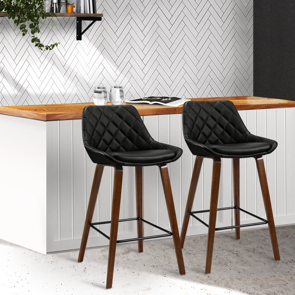 Stool Haven Set of 2 Bar Stools Bentwood PU Leather Diamond Pleat - Black