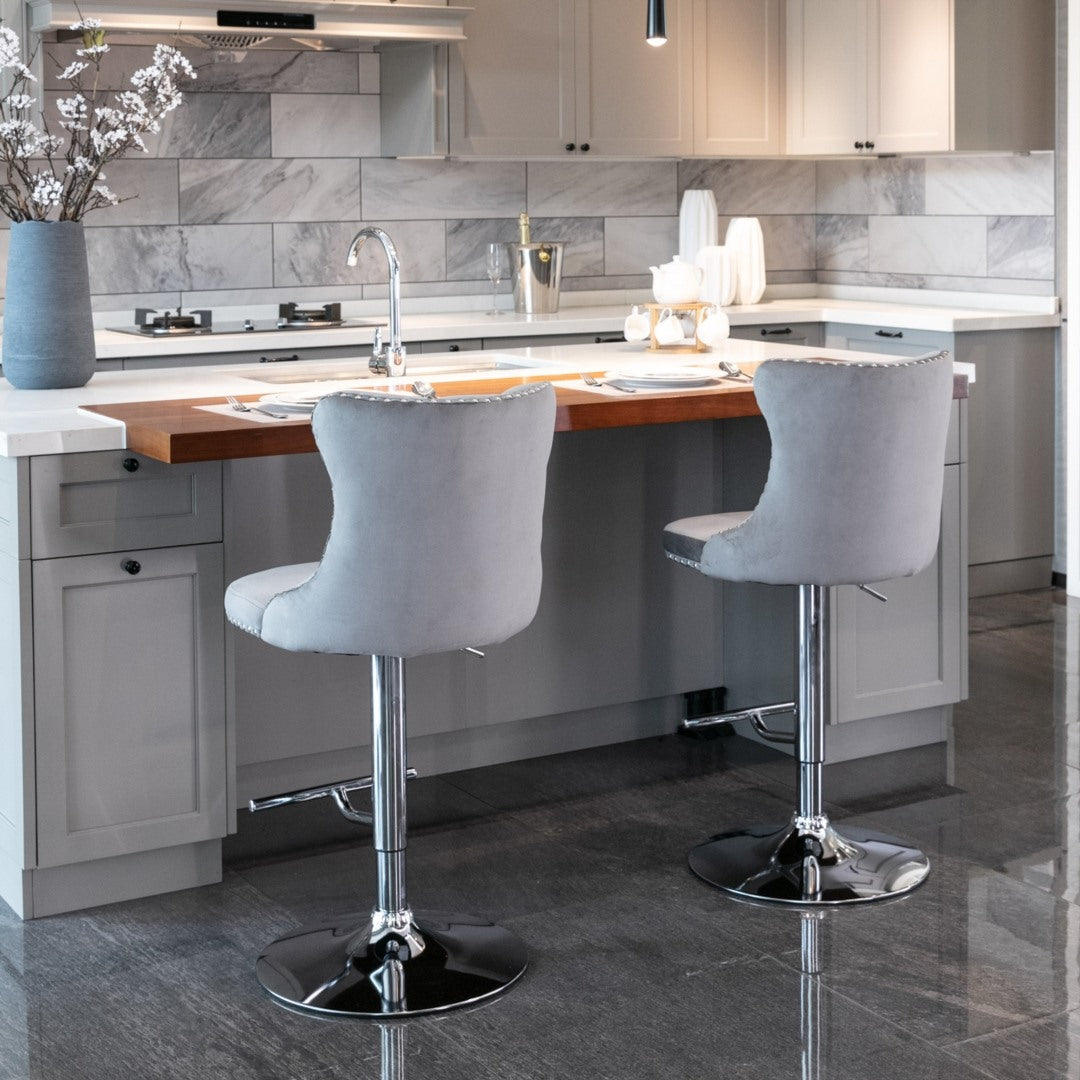 4 x Height Adjustable Swivel Bar Stool Velvet Stud with Footrest and Chromed Base - Gray