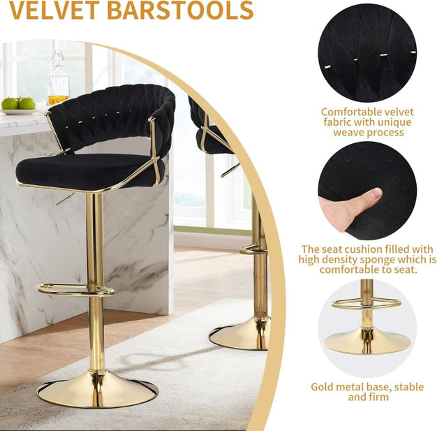 SERENITà 2 x Height Adjustable Counter Stool Swivel Bar Velvet Padded Golden Round Base - Beige