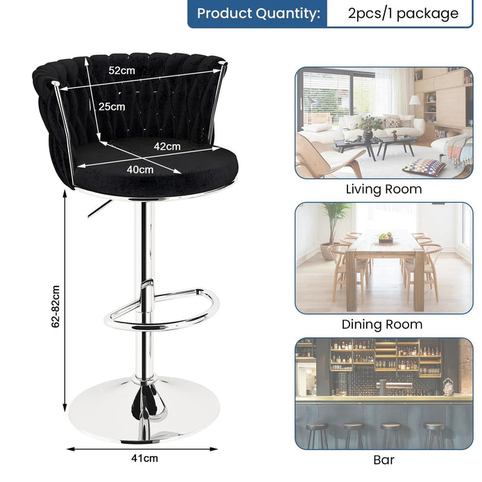 SERENITà 2 x Height Adjustable Counter Stool Swivel Bar Velvet Padded Metal Round Base - Black