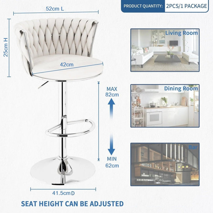 SERENITà 2 x Height Adjustable Counter Stool Swivel Bar Velvet Padded Metal Round Base - White