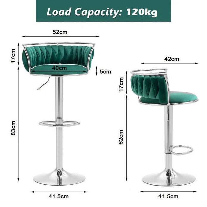 SERENITà 2 x Height Adjustable Swivel Bar Velvet Padded Metal Round Base - Green
