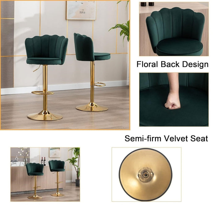 SERENITà 2 x Height Adjustable Counter Stool Swivel Bar Velvet Padded Golden Base - Emerald Green