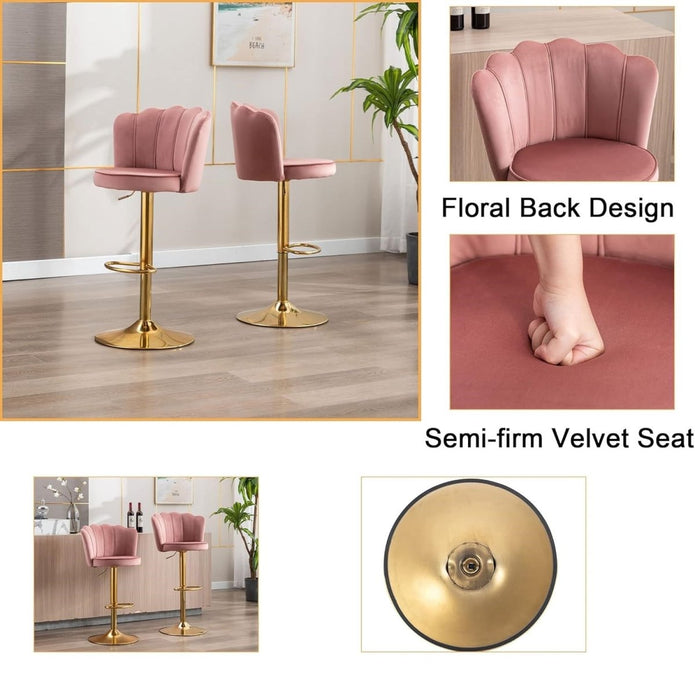 SERENITà 2 x Height Adjustable Counter Stool Swivel Bar Velvet Padded Golden Base - Pink