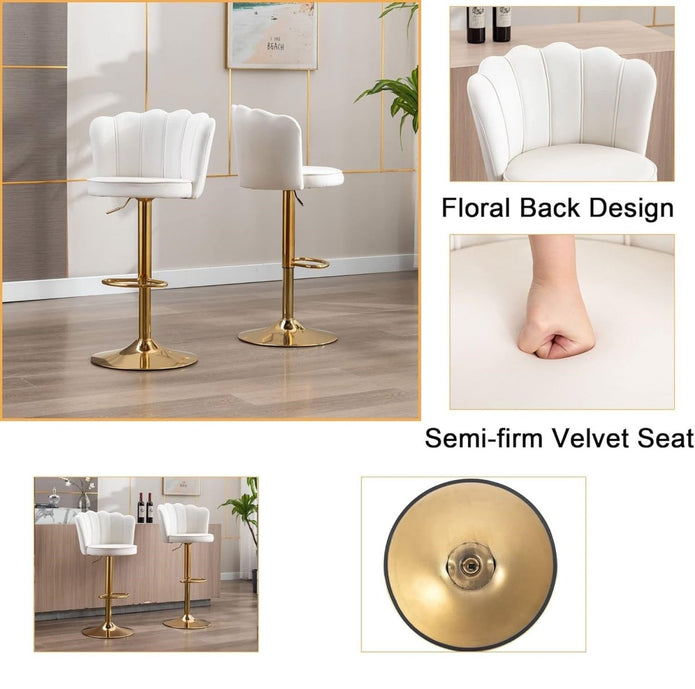 SERENITà 2 x Height Adjustable Counter Stool Swivel Bar Velvet Padded Golden Base - White