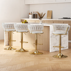 Stool Haven 4x Bar Stools Gas Lift Velvet Woven Backrest Ivory