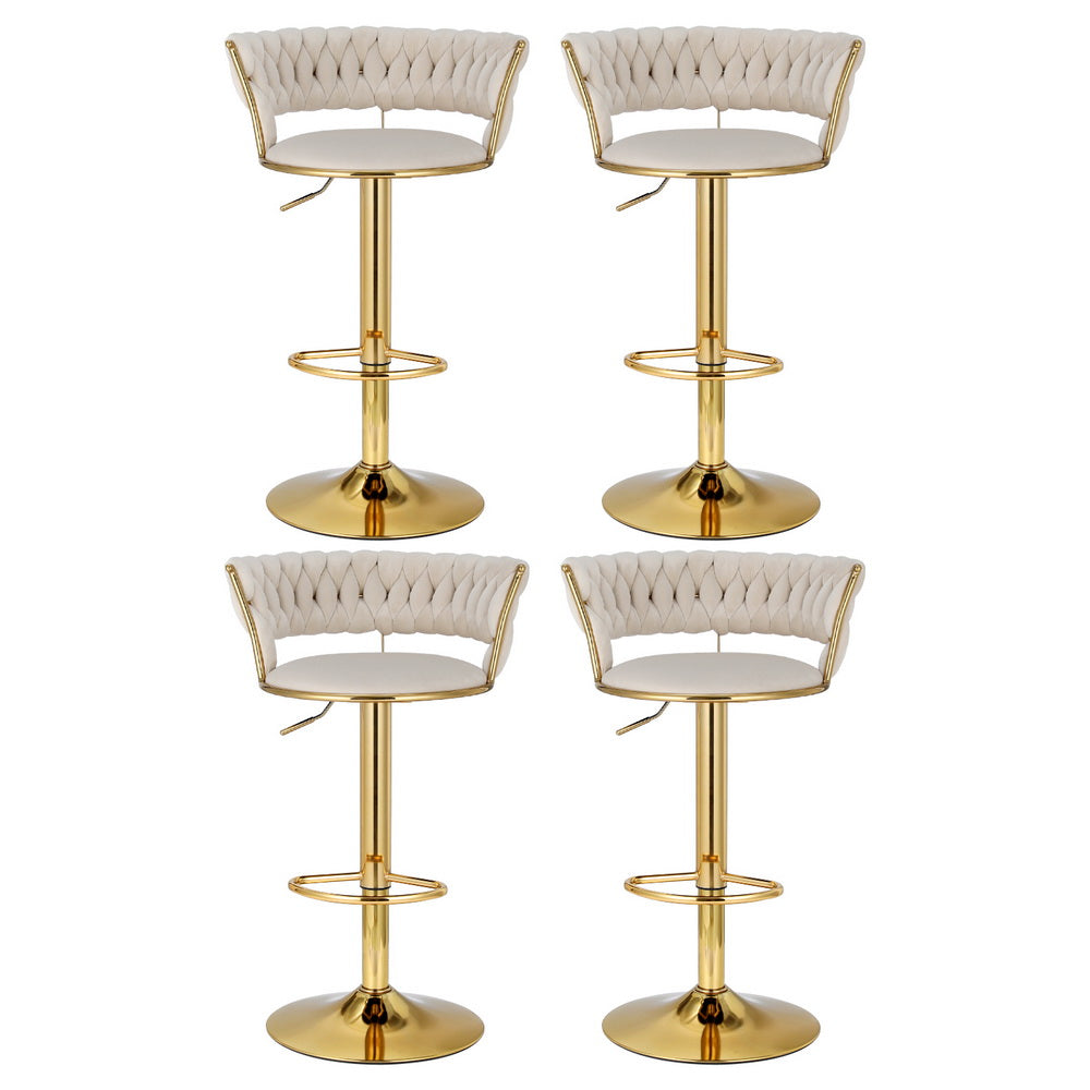 Stool Haven 4x Bar Stools Gas Lift Velvet Woven Backrest Ivory