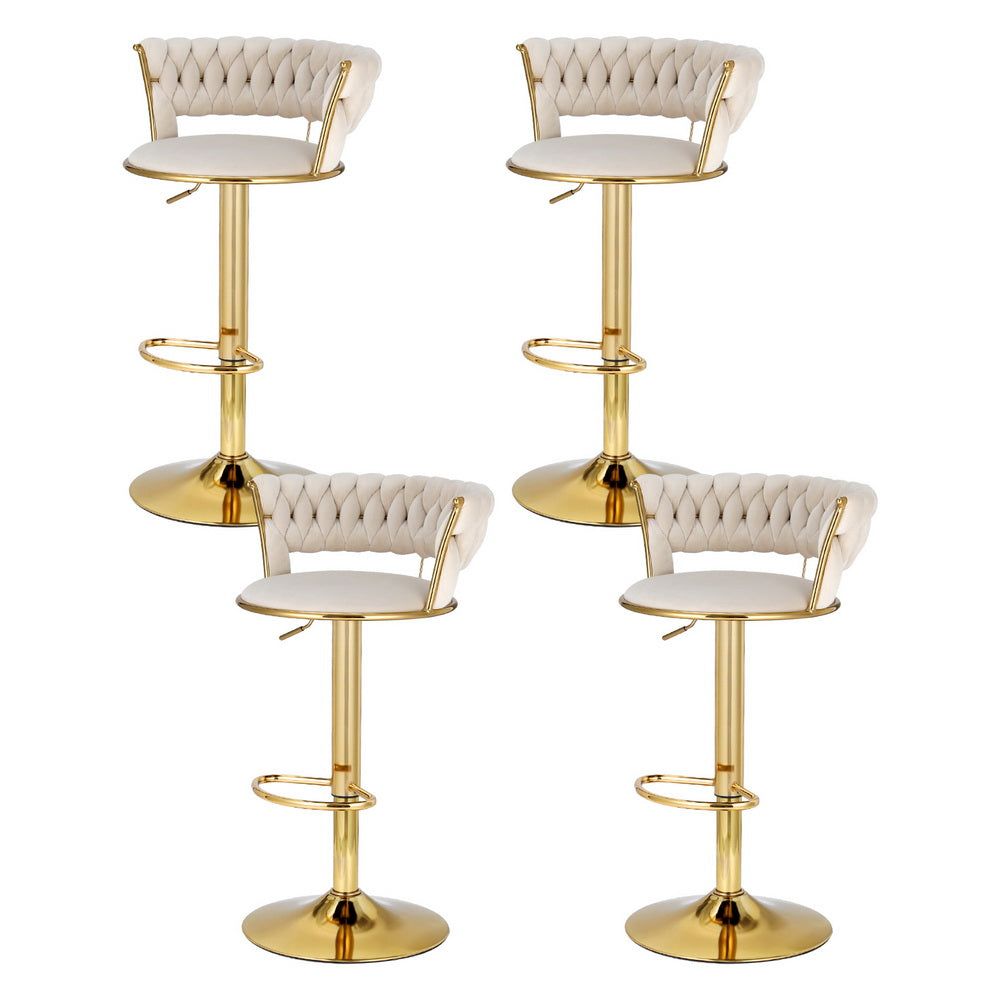 Stool Haven 4x Bar Stools Gas Lift Velvet Woven Backrest Ivory