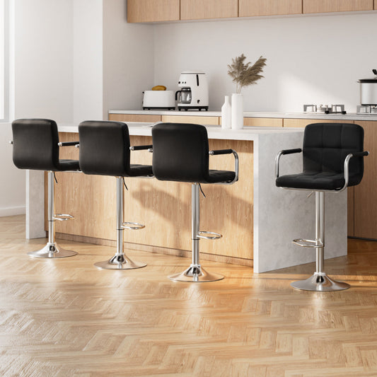 Stool Haven 4x Bar Stools Leather Gas Lift w/Armrest Black