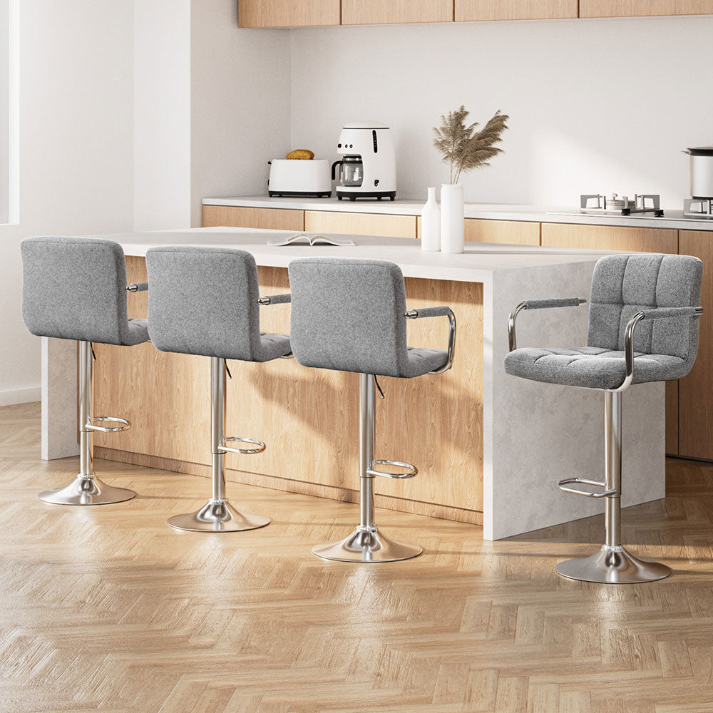 Stool Haven 4x Bar Stools Fabric Gas Lift w/Armrest Grey