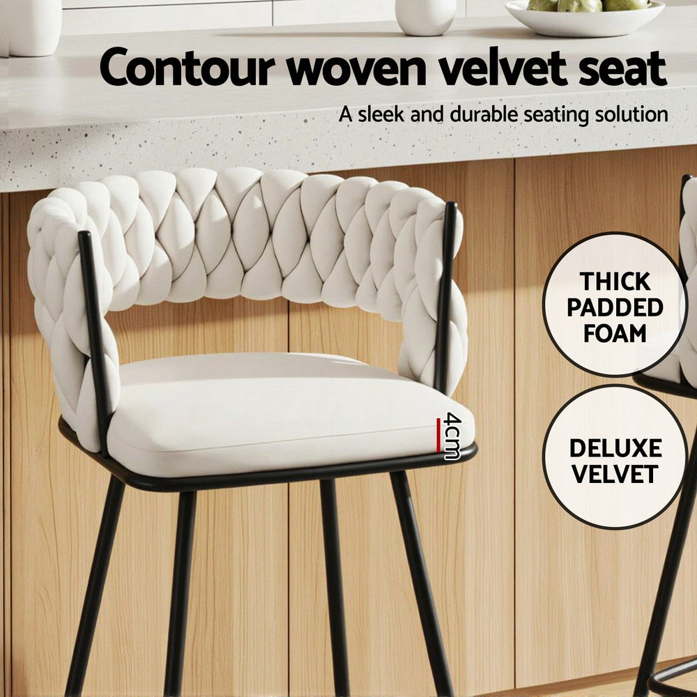 Stool Haven 2x Bar Stools Kitchen Dining Chair Counter Stool Woven Velvet Metal Ivory