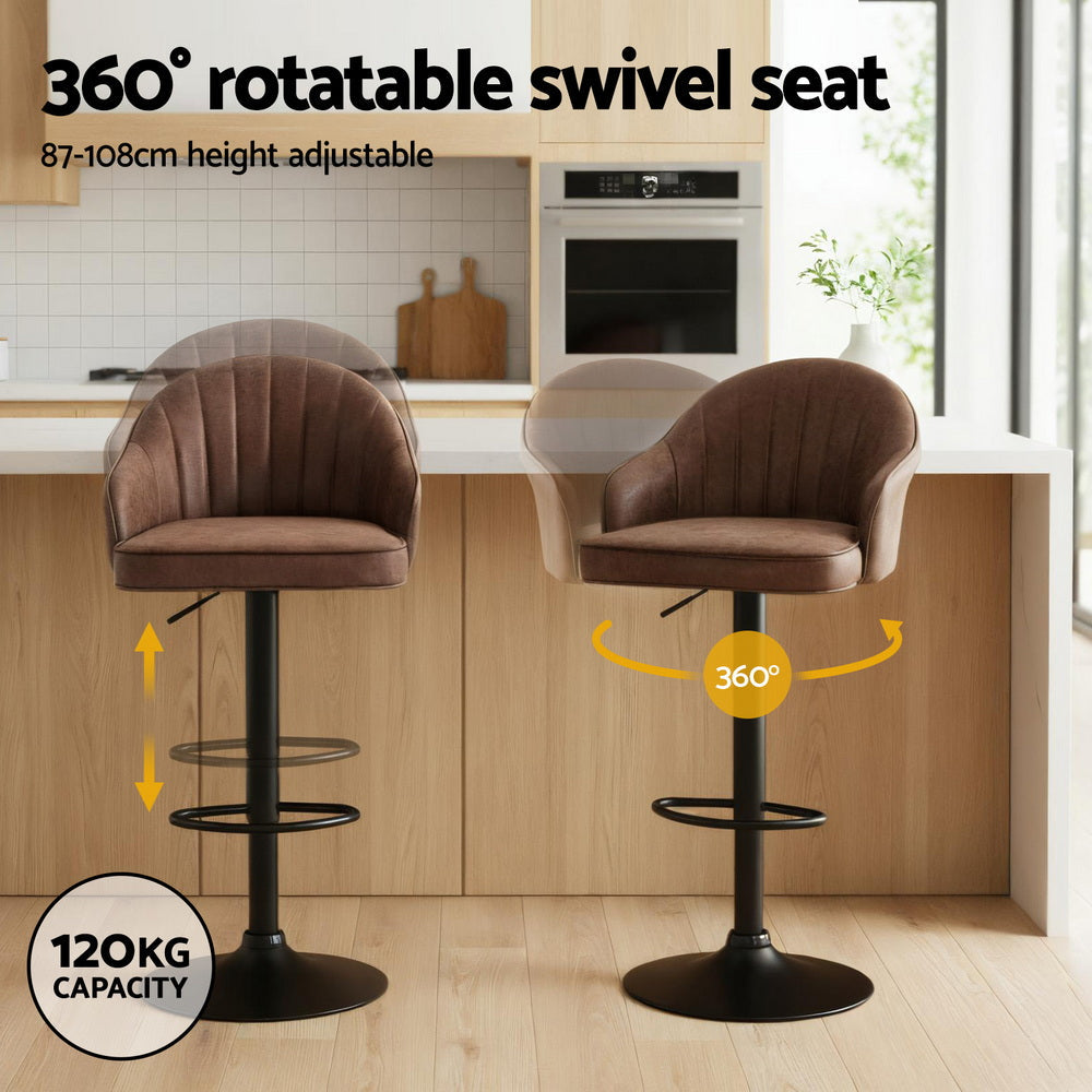 Stool Haven 2x Bar Stools Kitchen Swivel Gas Lift Counter Chair Shell Leather Brown