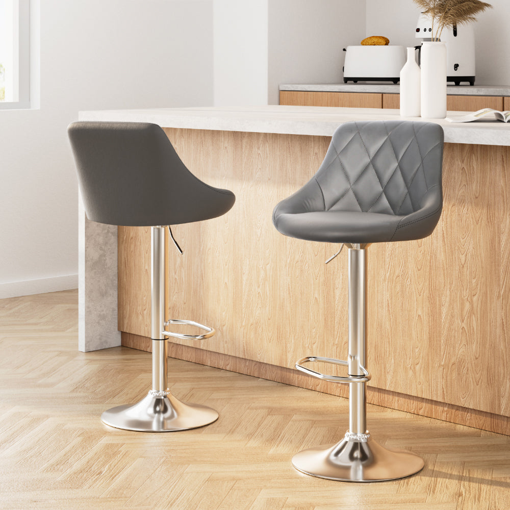 Stool Haven 2x Bar Stools Leather Padded Gas Lift Grey