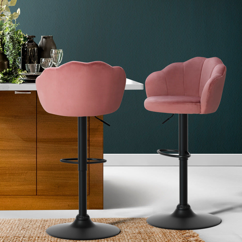Stool Haven Set of 2 Bar Stools Kitchen Stool Swivel Chair Gas Lift Velvet Chairs Pink Nessah