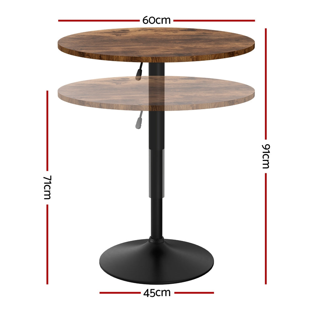 Stool Haven Height Adjustable Bar Table 360 Swivel Round Gaslift Design 60cm Rustic Brown Black