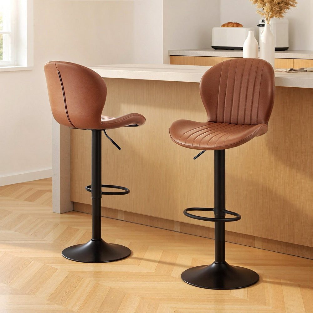 Stool Haven 2x Bar Stools Kitchen Swivel Gas Lift Counter Chair Shell Leather Brown