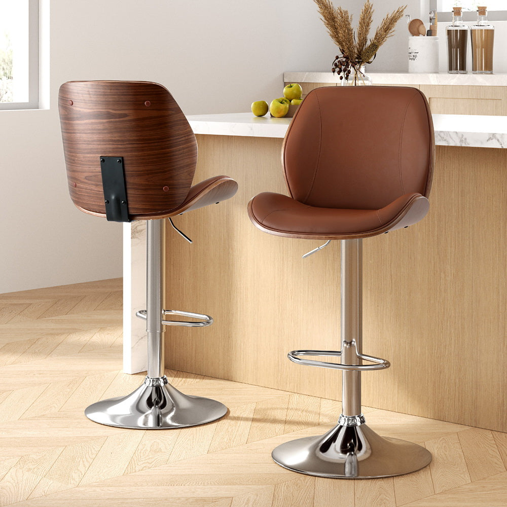 Stool Haven 2X Bar Stools Bentwood Adjustable Kitchen Counter Chair Leather Brown