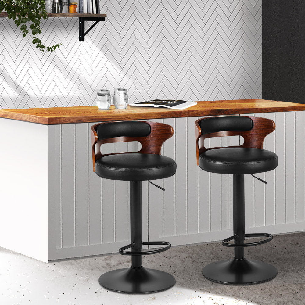 Stool Haven Set of 2 Bar Stools Kitchen Wooden Gas Lift Leather Stool Metal Black Barstools
