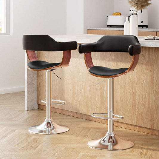 Stool Haven 2x Bar Stools Gas Lift Leather w/Armrest Black