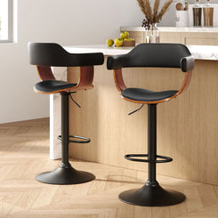 Stool Haven 2x Bar Stools Gas Lift Leather w/Armrest All Black