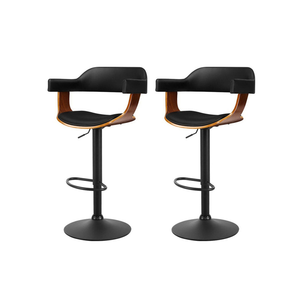 Stool Haven 2x Bar Stools Gas Lift Leather w/Armrest All Black