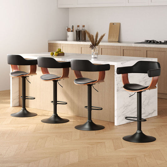 Stool Haven 4x Bar Stools Gas Lift Leather w/Armrest All Black