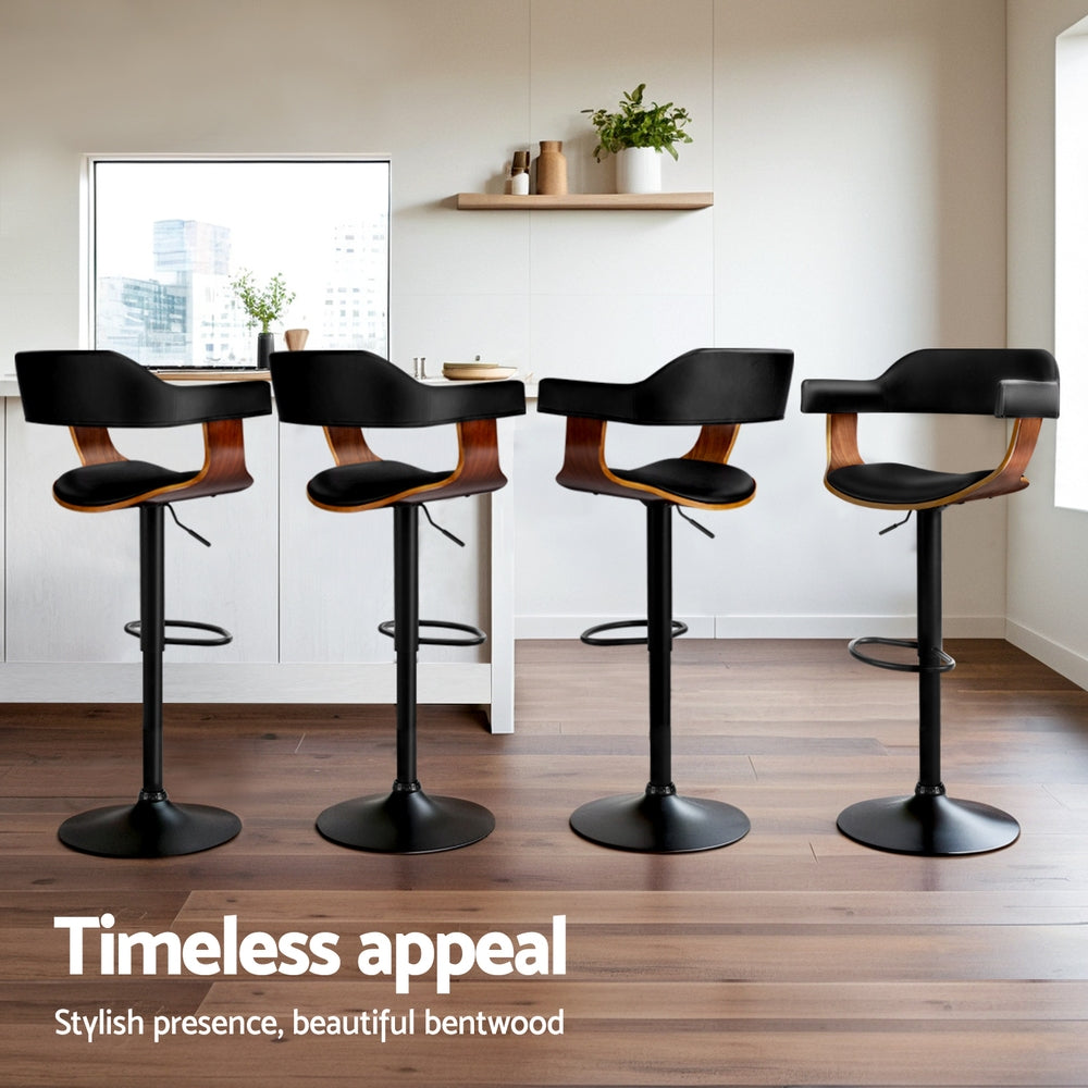 Stool Haven 4x Bar Stools Gas Lift Leather w/Armrest All Black