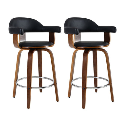 Stool Haven Set of 2 Bar Stools PU Leather Wooden Swivel - Wood, Chrome and Black
