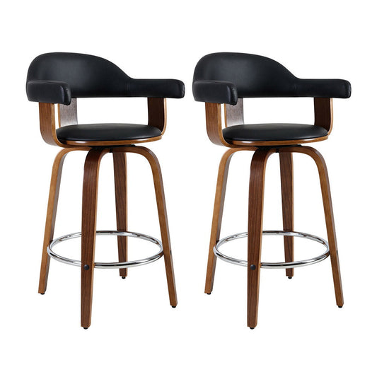 Stool Haven Set of 2 Bar Stools PU Leather Wooden Swivel - Wood, Chrome and Black