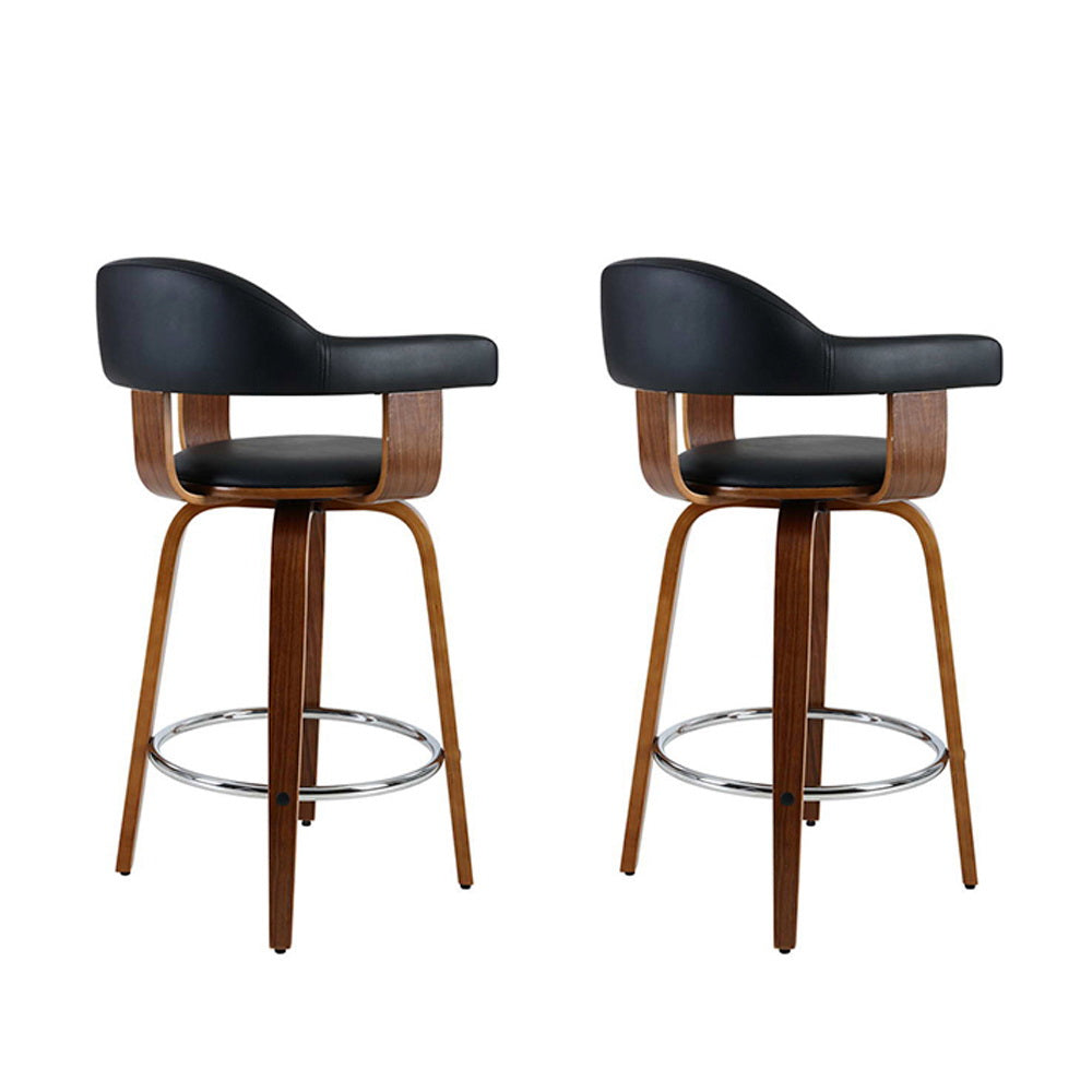 Stool Haven Set of 2 Bar Stools PU Leather Wooden Swivel - Wood, Chrome and Black