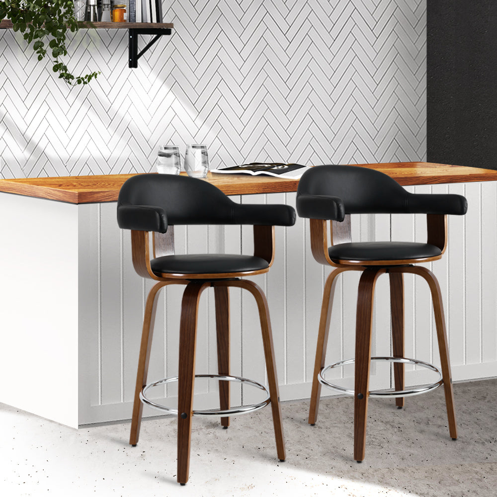 Stool Haven Set of 2 Bar Stools PU Leather Wooden Swivel - Wood, Chrome and Black