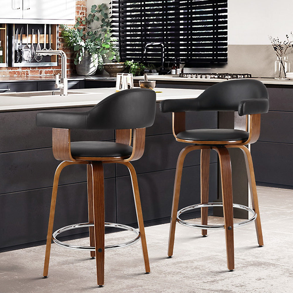 Stool Haven Set of 2 Bar Stools PU Leather Wooden Swivel - Wood, Chrome and Black