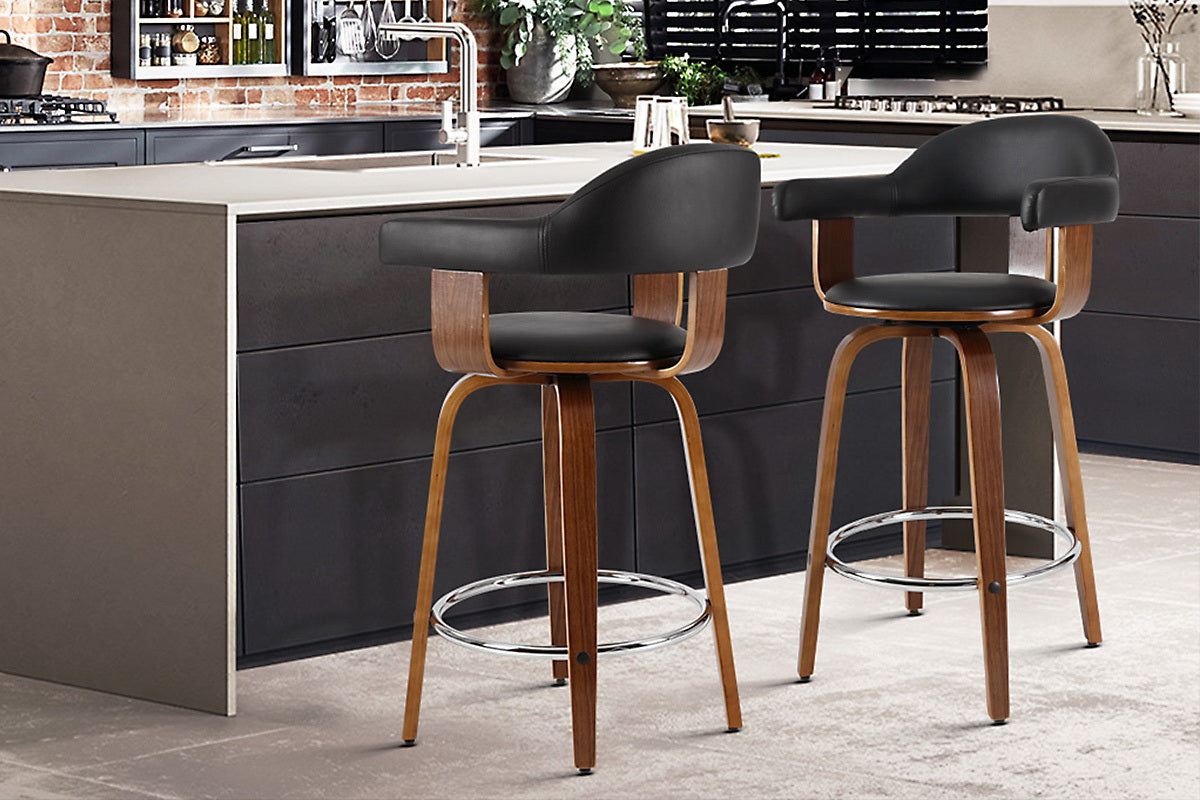 Stool Haven Set of 2 Bar Stools PU Leather Wooden Swivel - Wood, Chrome and Black