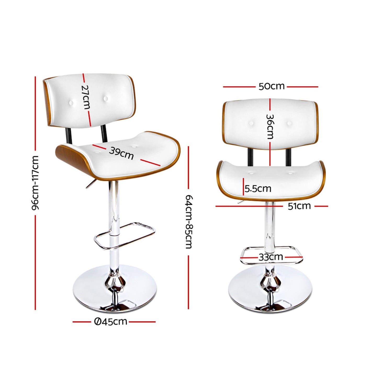 Stool Haven Wooden Gas Lift Bar Stool - White and Chrome