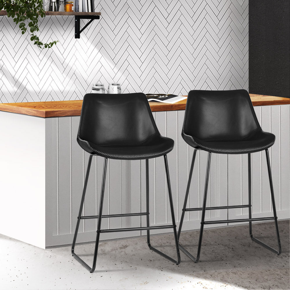 Stool Haven Set of 2 Bar Stools Kitchen Metal Bar Stool Dining Chairs PU Leather Black