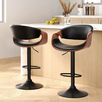 Stool Haven 2 x Bar Stools Gas Lift Leather w/Armrest - Black