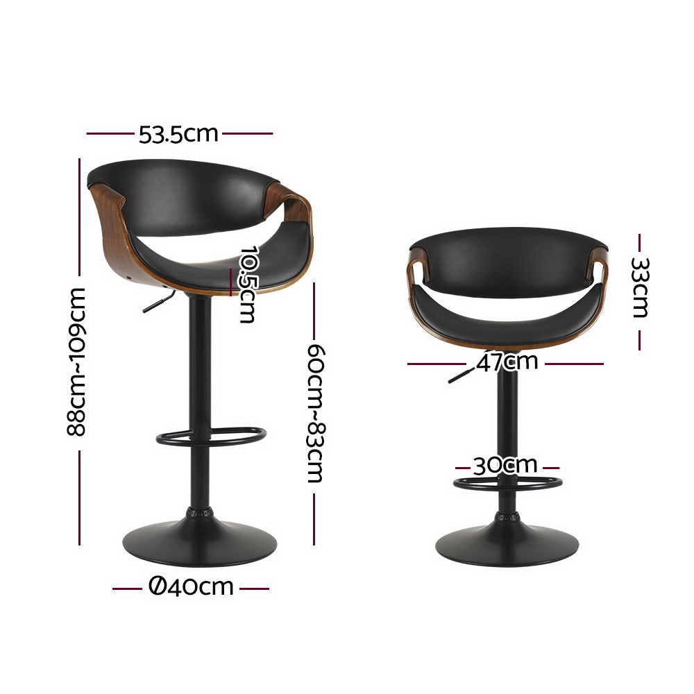 Stool Haven 2 x Bar Stools Gas Lift Leather w/Armrest - Black