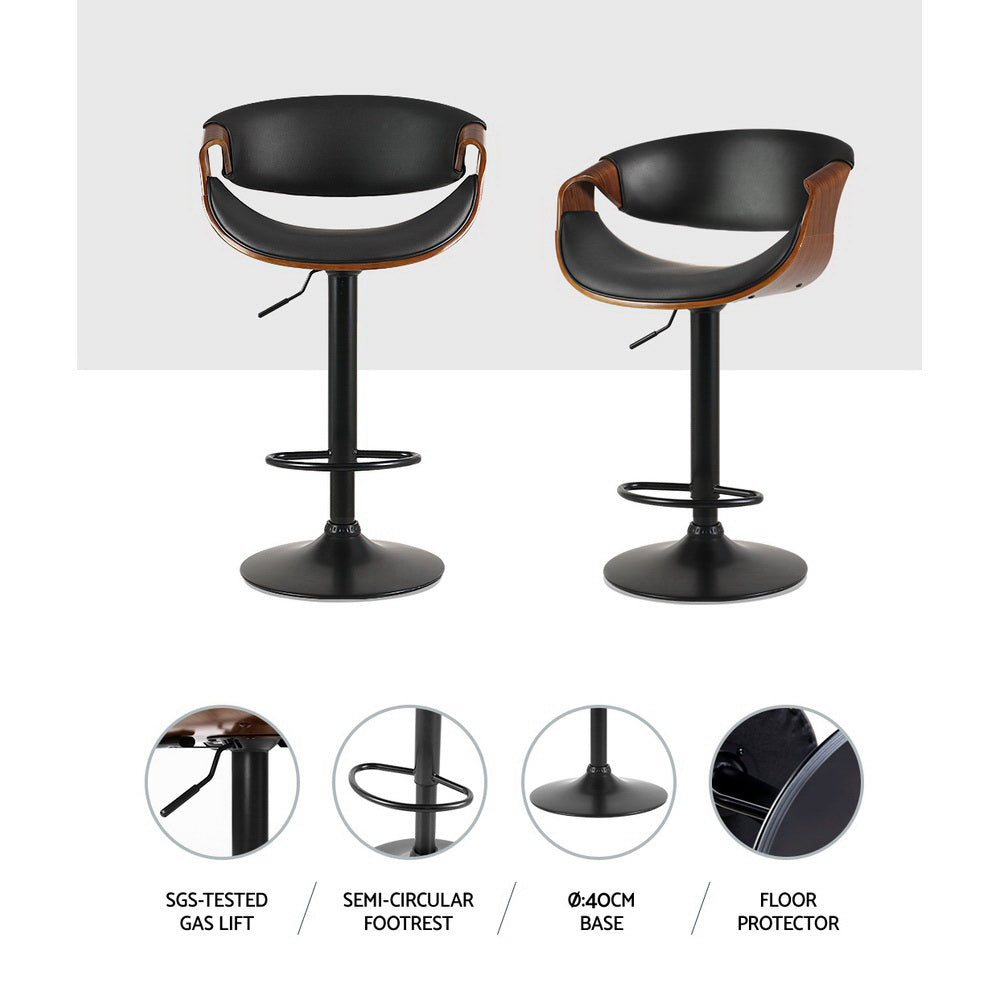 Stool Haven 2 x Bar Stools Gas Lift Leather w/Armrest - Black