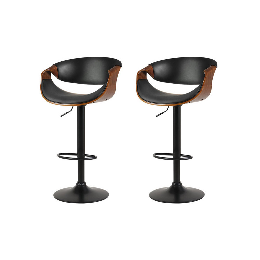 Stool Haven 2 x Bar Stools Gas Lift Leather w/Armrest - Black