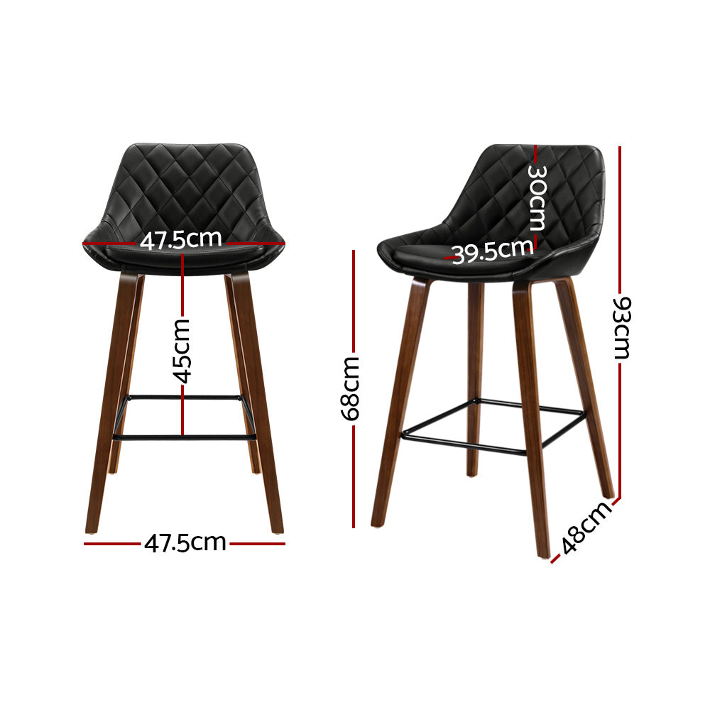 Stool Haven Set of 2 Bar Stools Bentwood PU Leather Diamond Pleat - Black