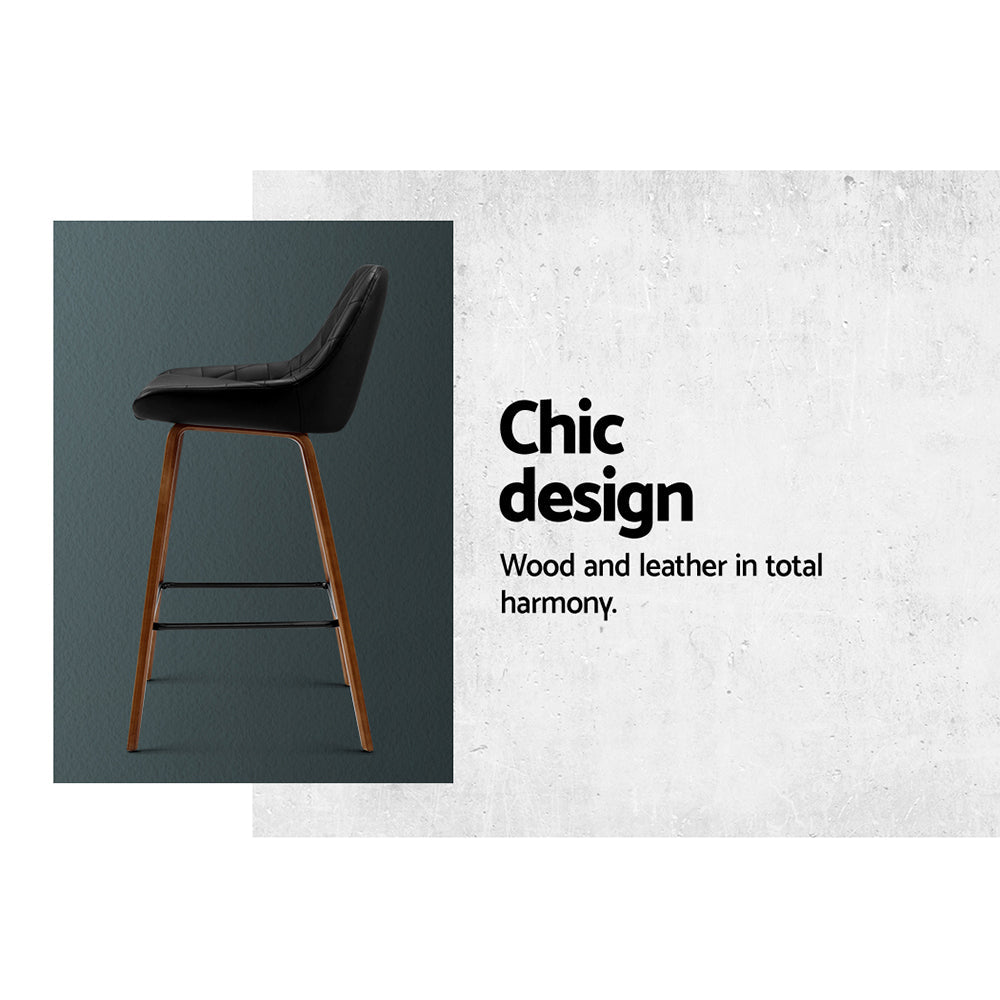 Stool Haven Set of 2 Bar Stools Bentwood PU Leather Diamond Pleat - Black