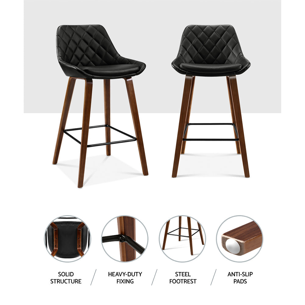 Stool Haven Set of 2 Bar Stools Bentwood PU Leather Diamond Pleat - Black