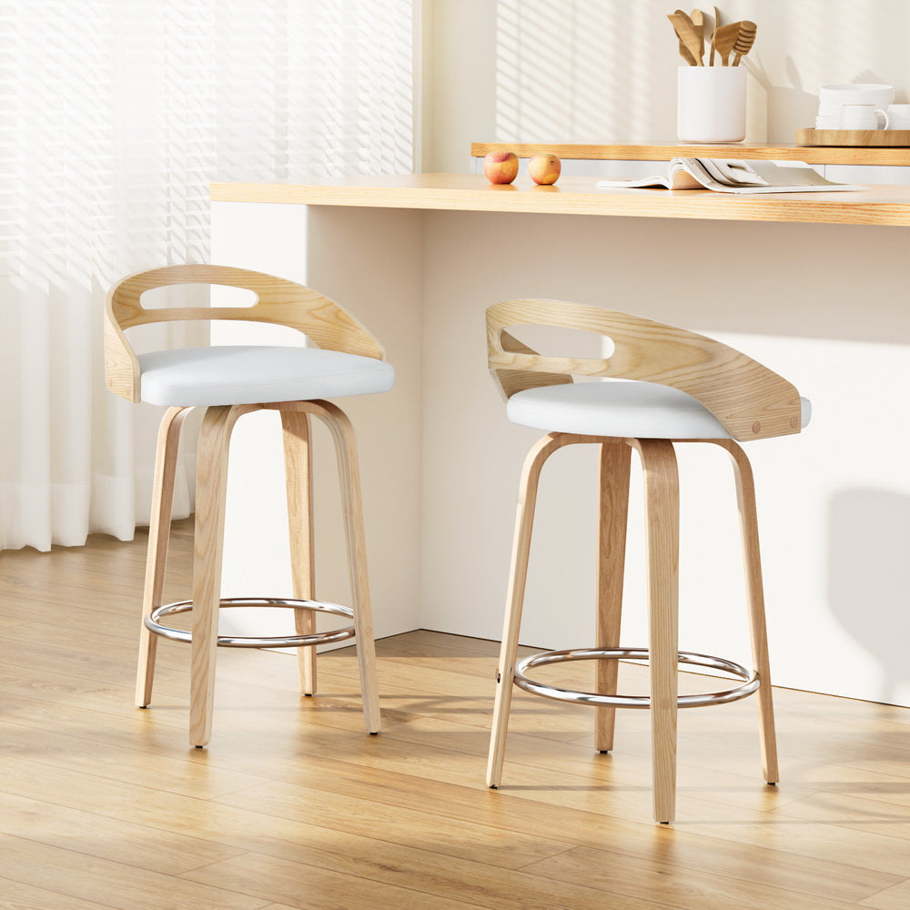 Stool Haven Set of 2 Bar Stools Swivel Leather Metal Plywood - White
